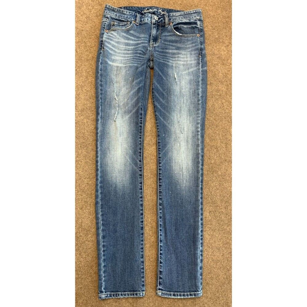 American Eagle Jeans Womens 6 Low Rise Skinny Distressed Whiskered Vintage Denim